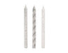 Three tall silver spiral birthday candles with textured surfaces displayed side by side against a white background.