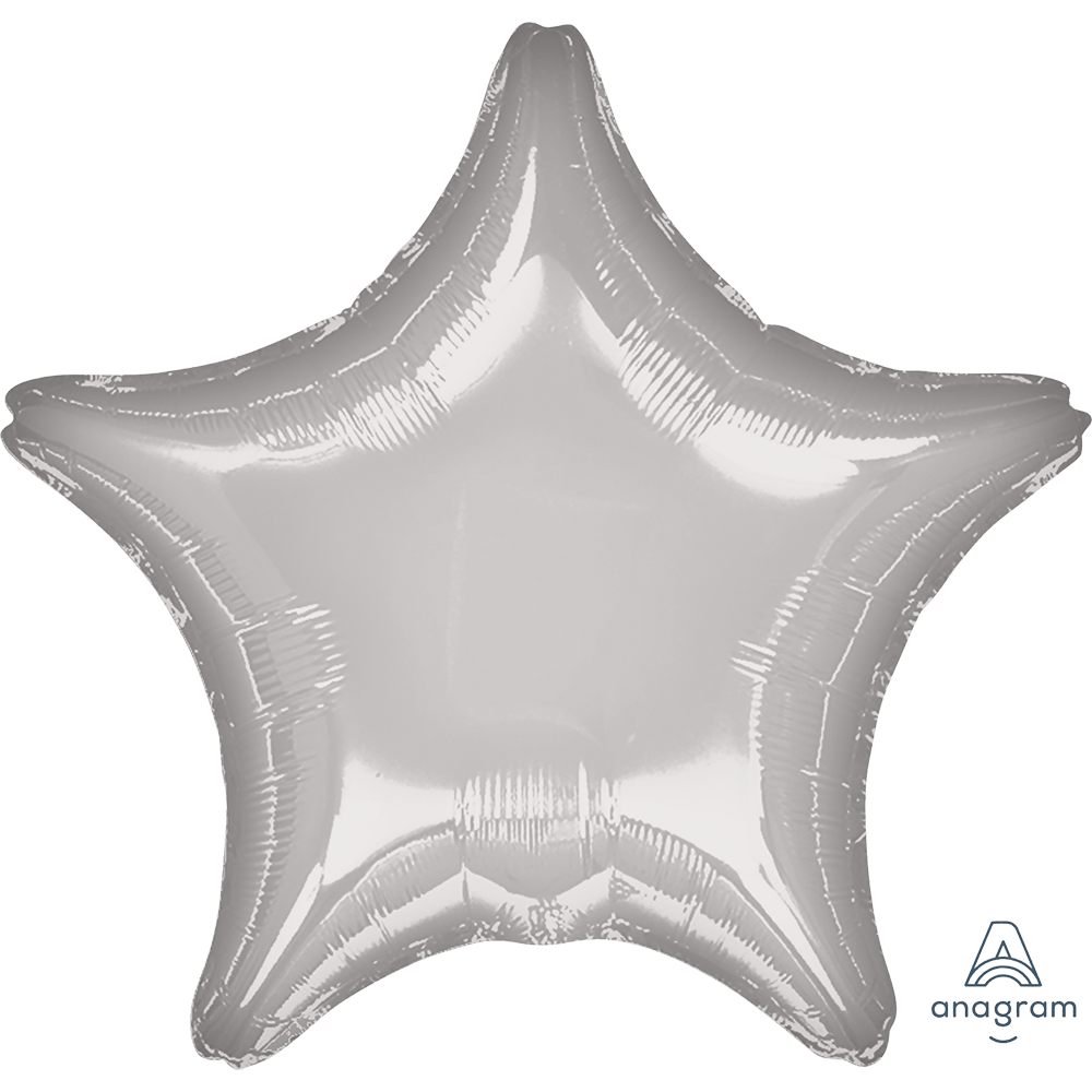 Silver five-pointed star-shaped mylar balloon with a shiny metallic finish and reflective surface.