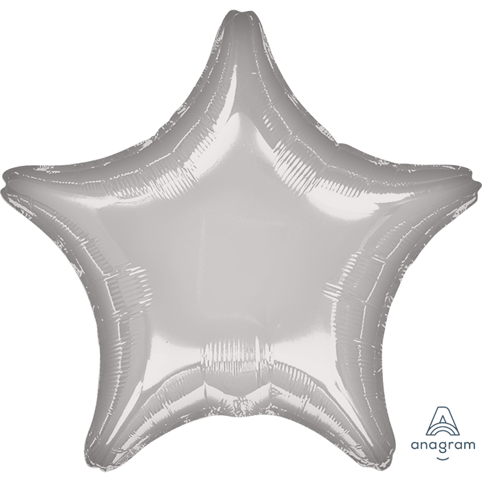 Silver five-pointed star-shaped mylar balloon with a shiny metallic finish and reflective surface.
