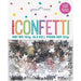 Package of silver star-shaped confetti with a mix of metallic silver, black, and iridescent pieces against a colorful product package labeled "Confetti" with a silver stars badge.