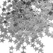 Scattered silver star-shaped confetti pieces against a white background, displayed in loose arrangement.