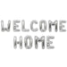 Silver foil letter balloons spelling "WELCOME HOME" arranged in two rows on a white background.