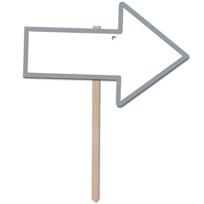 Gray metal arrow sign pointing right with a blank rectangular panel and wooden stake, suitable for outdoor display.