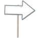Gray metal arrow sign pointing right with a blank rectangular panel and wooden stake, suitable for outdoor display.