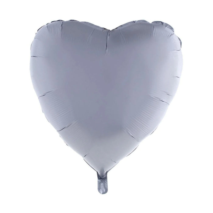 Silver heart-shaped foil balloon with a satin finish and gathered stem at the bottom, displayed against a white background.