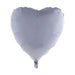 Silver heart-shaped foil balloon with a satin finish and gathered stem at the bottom, displayed against a white background.