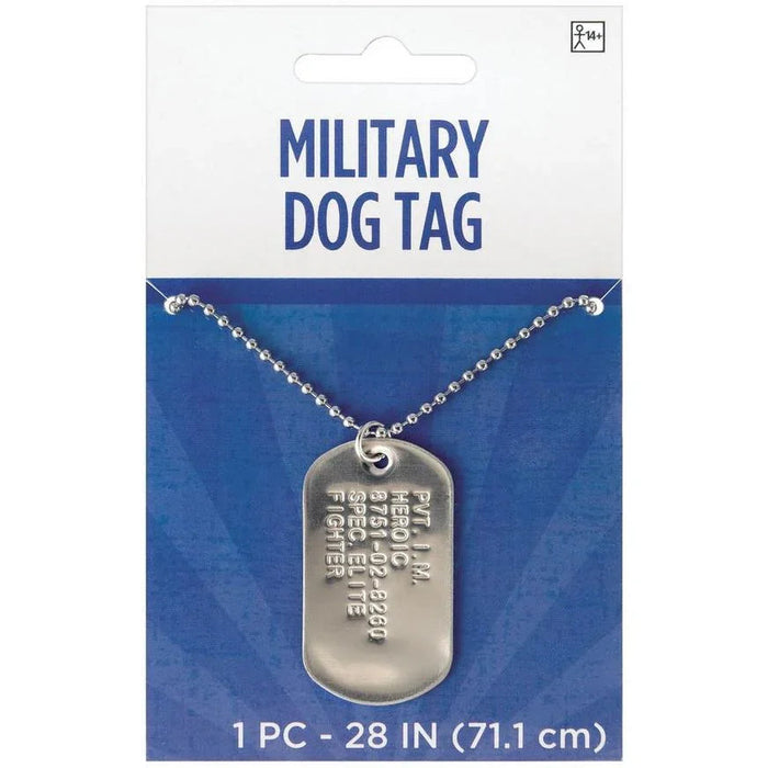 Silver military-style dog tag pendant on a beaded chain necklace displayed on blue packaging labeled "Military Dog Tag," 28 inches long.