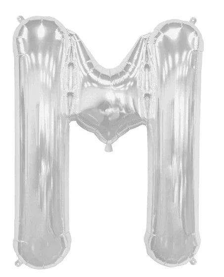 Silver foil balloon shaped like the letter M with a reflective finish and valve attachment points at the top.