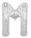 Silver foil balloon shaped like the letter M with a reflective finish and valve attachment points at the top.