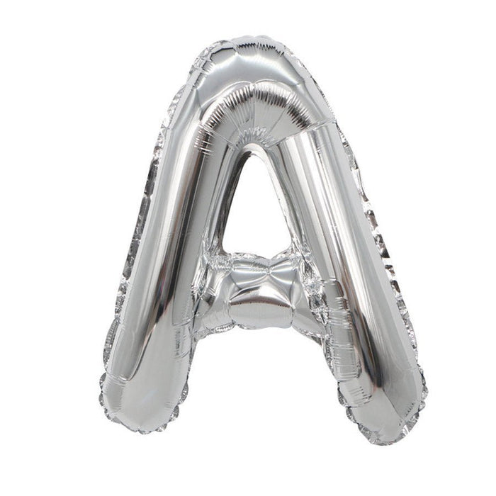 Silver metallic letter B balloon with a shiny reflective surface and pinched center, shown inflated against a white background.