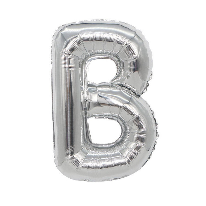 Silver mylar letter balloon shaped like the letter B, inflated and displayed against a white background.