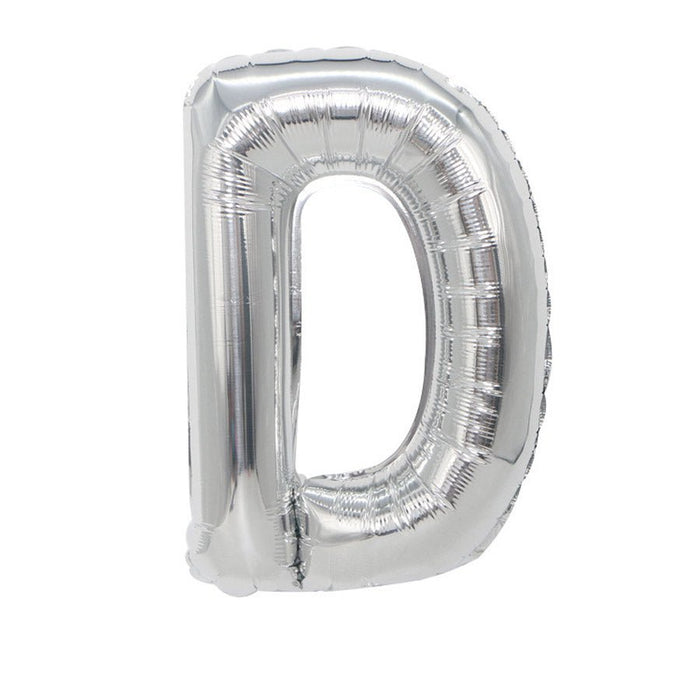 Silver metallic mylar balloon shaped like the letter D, inflated and displayed against a white background.