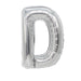 Silver metallic mylar balloon shaped like the letter D, inflated and displayed against a white background.