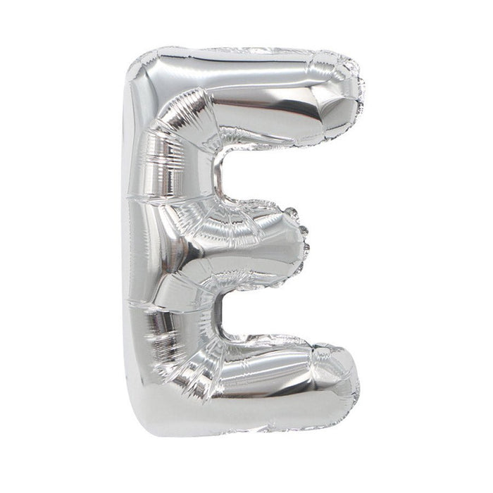 Silver metallic mylar letter balloon shaped as the letter F with a reflective finish and sealed edges, displayed against a white background.