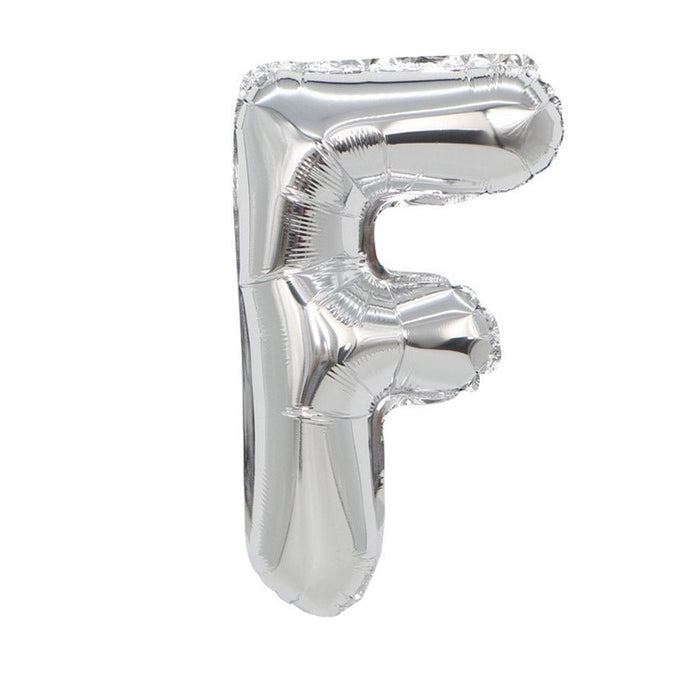 Silver metallic mylar letter balloon in the shape of a capital G, inflated and displayed against a white background.