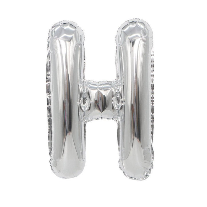 Silver mylar letter balloon shaped like the uppercase letter I with a glossy metallic finish and rounded top and bottom edges.