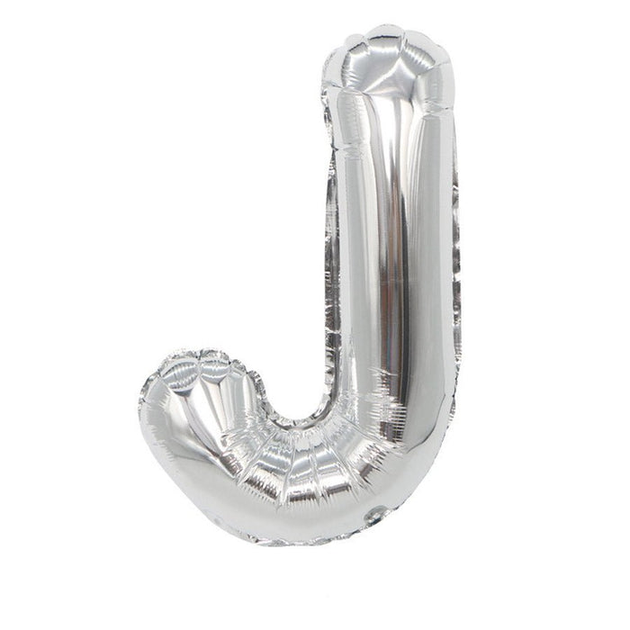 Silver metallic mylar letter balloon in the shape of the letter J with a rounded bottom curve and tall vertical stem on white background.