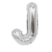 Silver metallic mylar letter balloon in the shape of the letter J with a rounded bottom curve and tall vertical stem on white background.