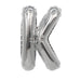 Silver metallic mylar balloon shaped like the letter K, displayed against a white background.