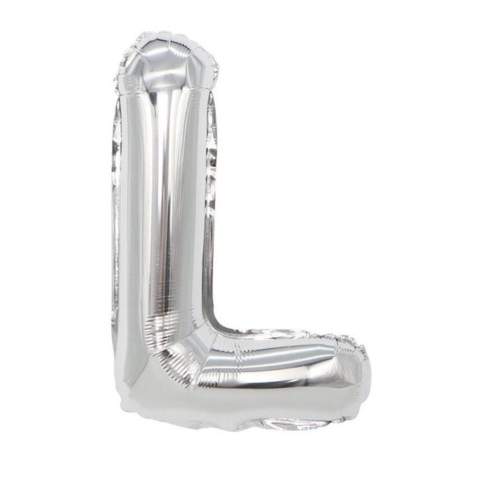 Silver metallic mylar letter balloon shaped like the letter L, shown inflated against a white background.