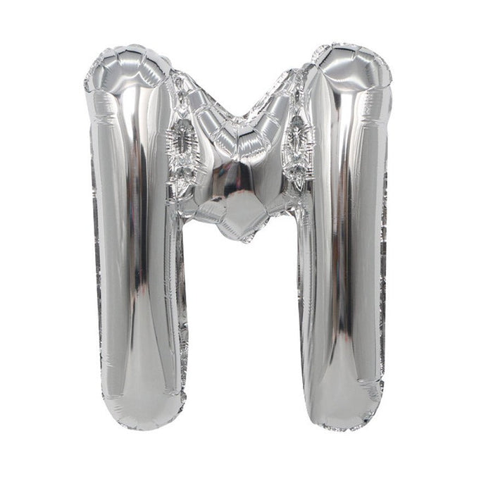 Silver mylar letter balloon shaped like the letter N with a shiny metallic finish and rounded tops.