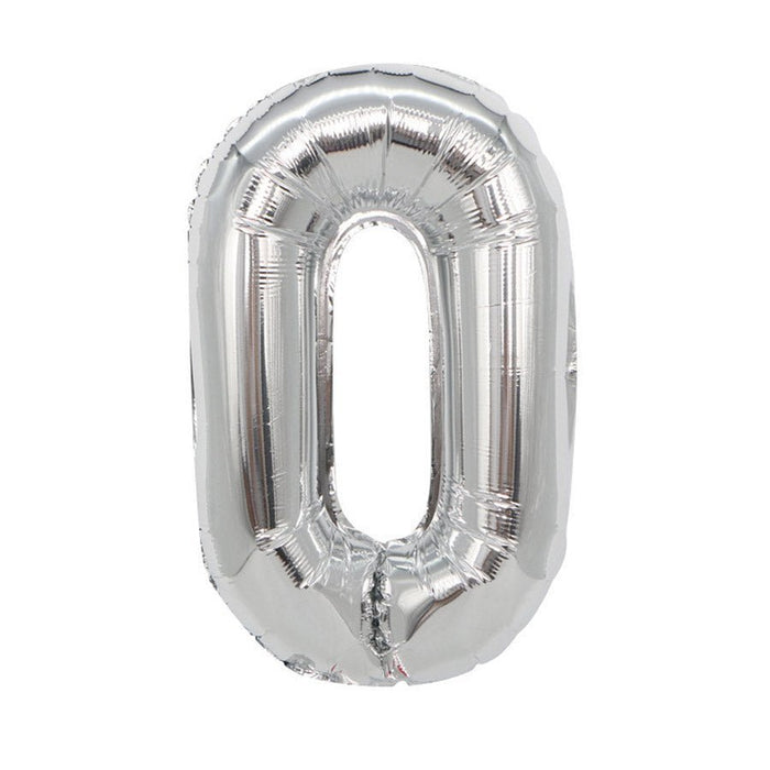 Silver mylar letter balloon shaped like the number zero with a reflective metallic finish and rounded edges.