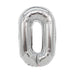 Silver mylar letter balloon shaped like the number zero with a reflective metallic finish and rounded edges.