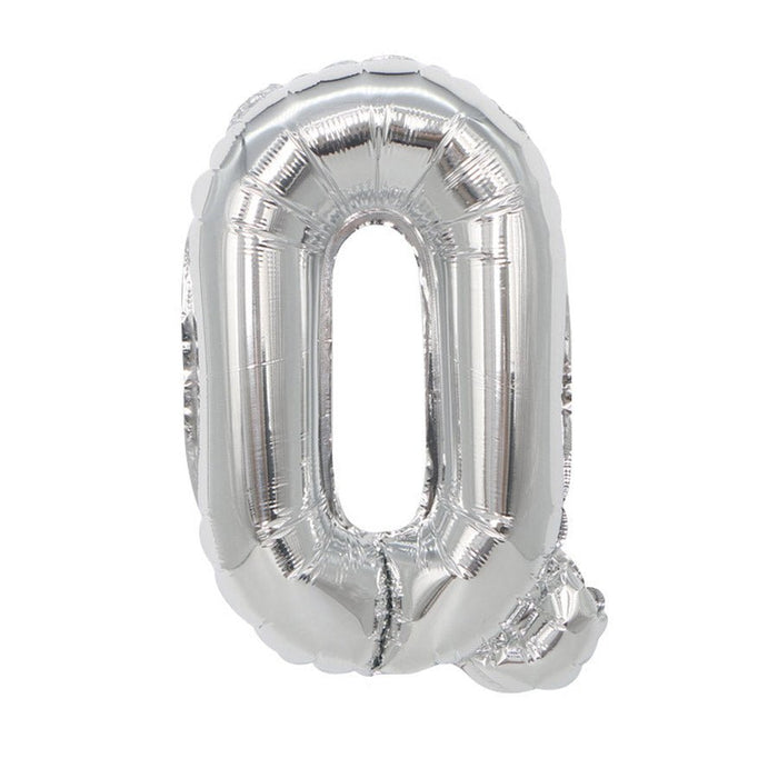 Silver metallic mylar letter balloon shaped like the letter R, approximately 16 inches tall with a reflective finish and rounded edges.