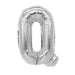 Silver metallic mylar letter balloon shaped like the letter R, approximately 16 inches tall with a reflective finish and rounded edges.