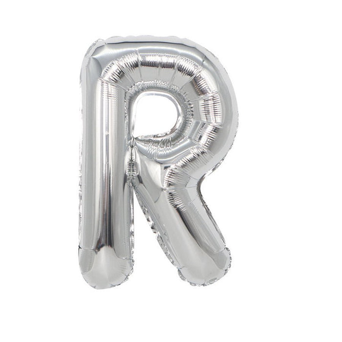 Silver metallic mylar letter R balloon, 16 inches, shown inflated against a white background.