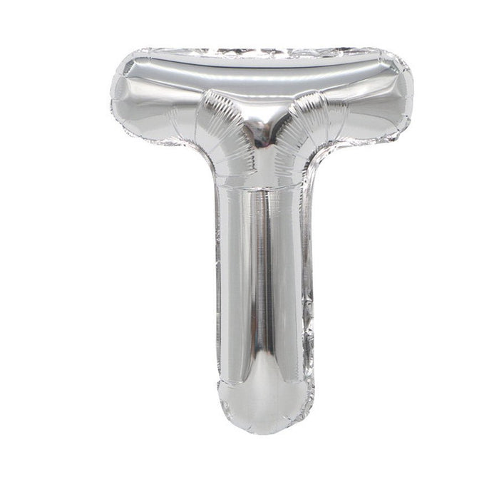 Silver mylar letter balloon shaped like the letter T with a shiny metallic finish and rounded top section.