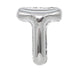 Silver mylar letter balloon shaped like the letter T with a shiny metallic finish and rounded top section.