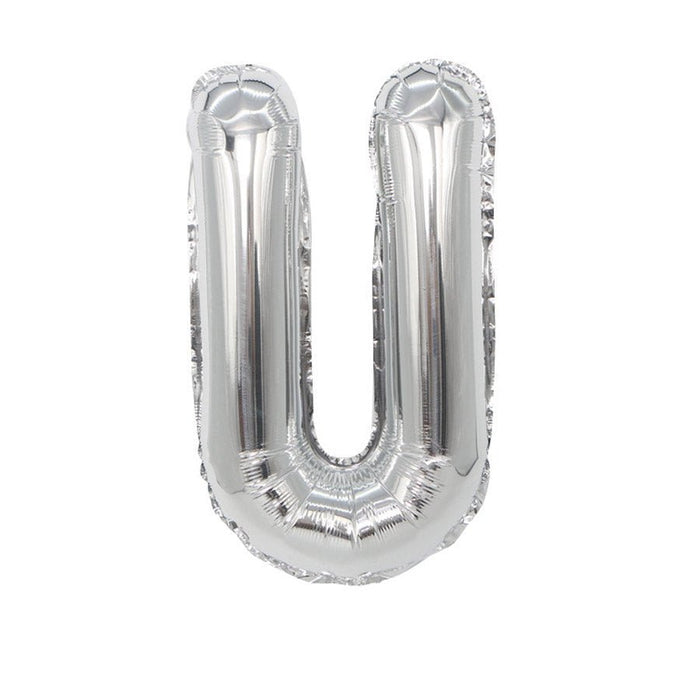 Silver metallic mylar letter balloon shaped like the letter U with a glossy finish and rounded edges.