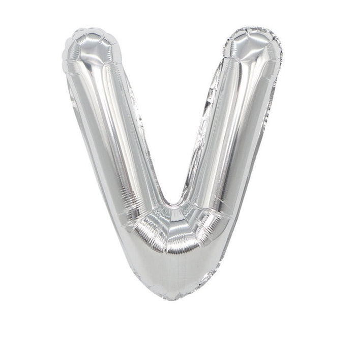 Silver mylar letter balloon shaped as the letter V, inflated and shown against a white background.