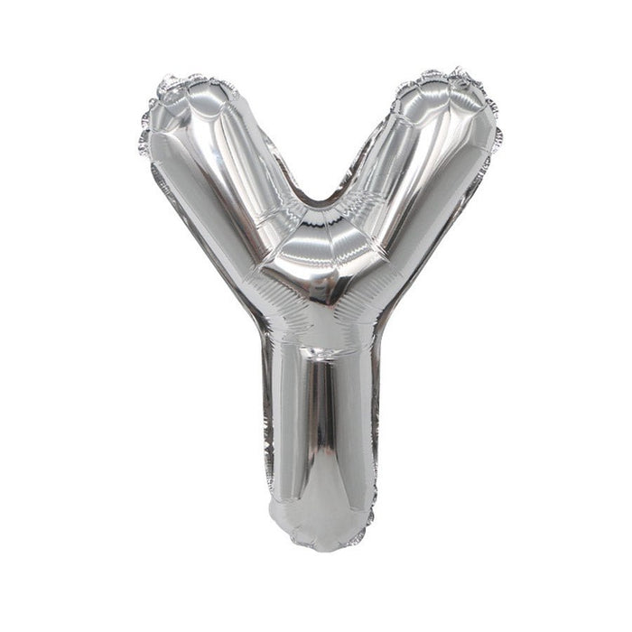 Silver metallic mylar letter balloon shaped like the letter Y, approximately 16 inches tall, shown inflated against a white background.