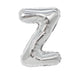 Silver metallic foil balloon shaped like the letter Z in a tall cursive style.