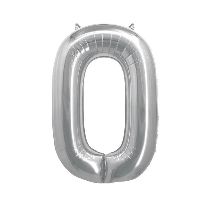 Silver foil balloon shaped like the number zero with a shiny metallic finish and small air valve at the bottom.