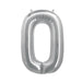 Silver foil balloon shaped like the number zero with a shiny metallic finish and small air valve at the bottom.