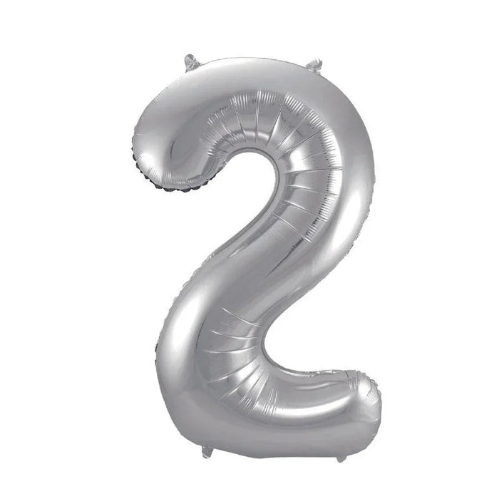 Silver foil balloon shaped like the number 2 with small handles at the top for hanging.