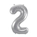 Silver foil balloon shaped like the number 2 with small handles at the top for hanging.