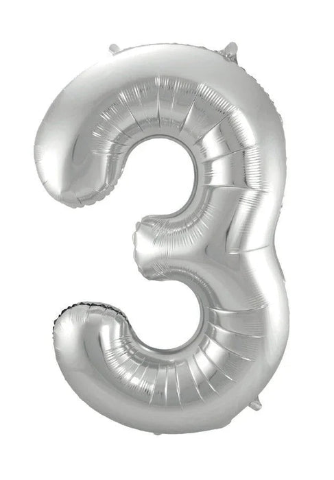 Silver foil balloon shaped like the number 3 with a shiny metallic finish and small air valve tabs at the top.