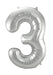 Silver foil balloon shaped like the number 3 with a shiny metallic finish and small air valve tabs at the top.