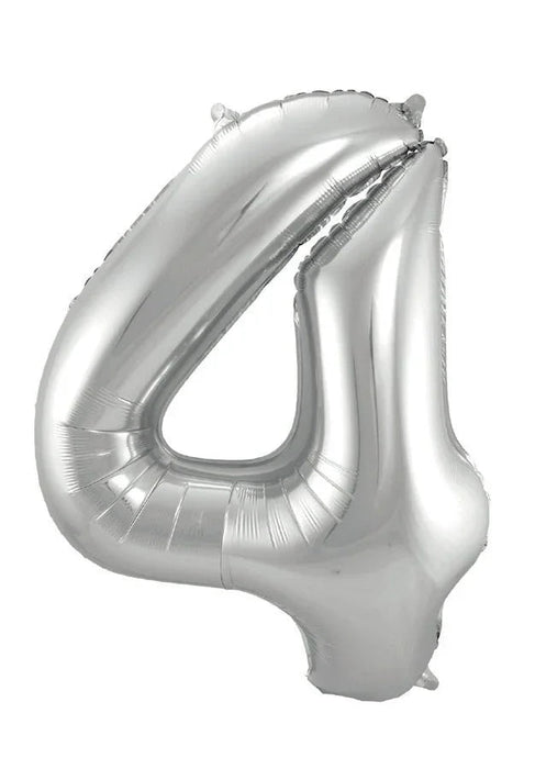 Silver foil number 4 balloon with a shiny metallic finish and rounded shape, designed for inflating with air.
