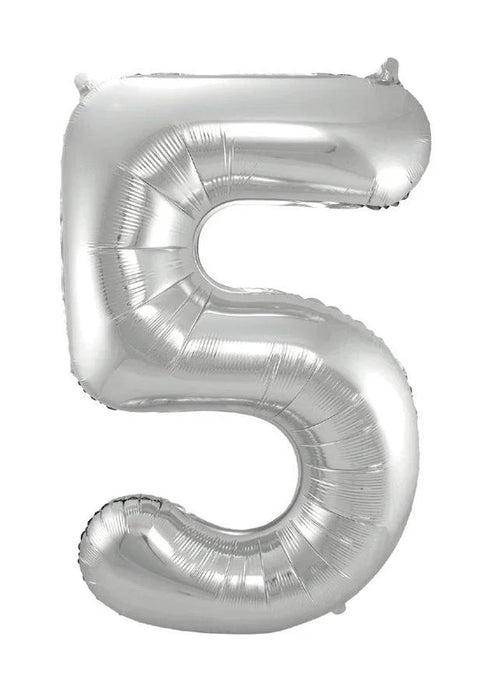 Silver foil balloon shaped like the number 5 with a reflective metallic finish and small air valve at the top.