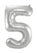 Silver foil balloon shaped like the number 5 with a reflective metallic finish and small air valve at the top.