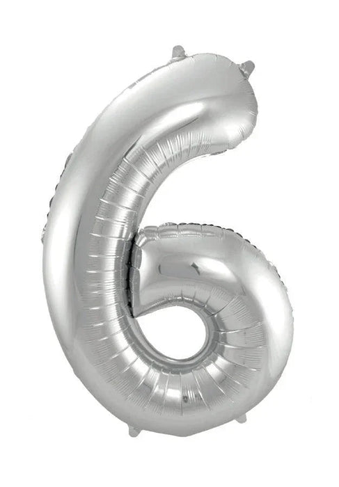 Silver foil number 6 balloon with a shiny metallic finish and small handles at the top for holding or hanging.