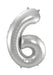 Silver foil number 6 balloon with a shiny metallic finish and small handles at the top for holding or hanging.