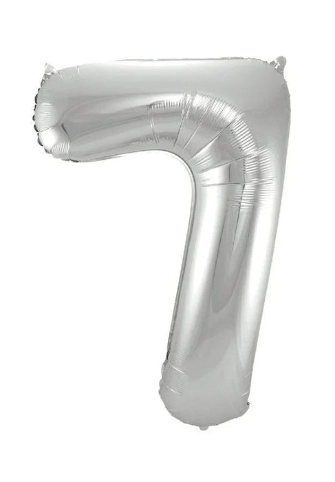 Silver metallic number 7 foil balloon with a curved shape, inflated and photographed against a white background.