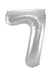 Silver metallic number 7 foil balloon with a curved shape, inflated and photographed against a white background.