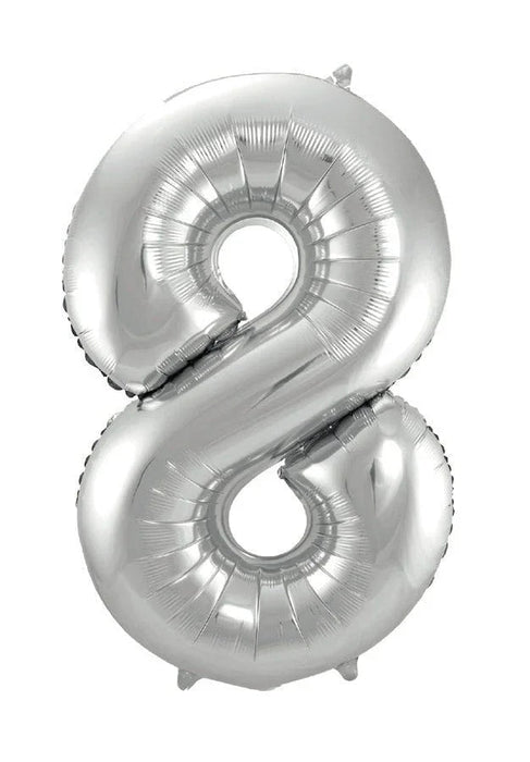 Silver foil number 8 balloon with a shiny metallic finish and ribbed texture, shown inflated against a white background.